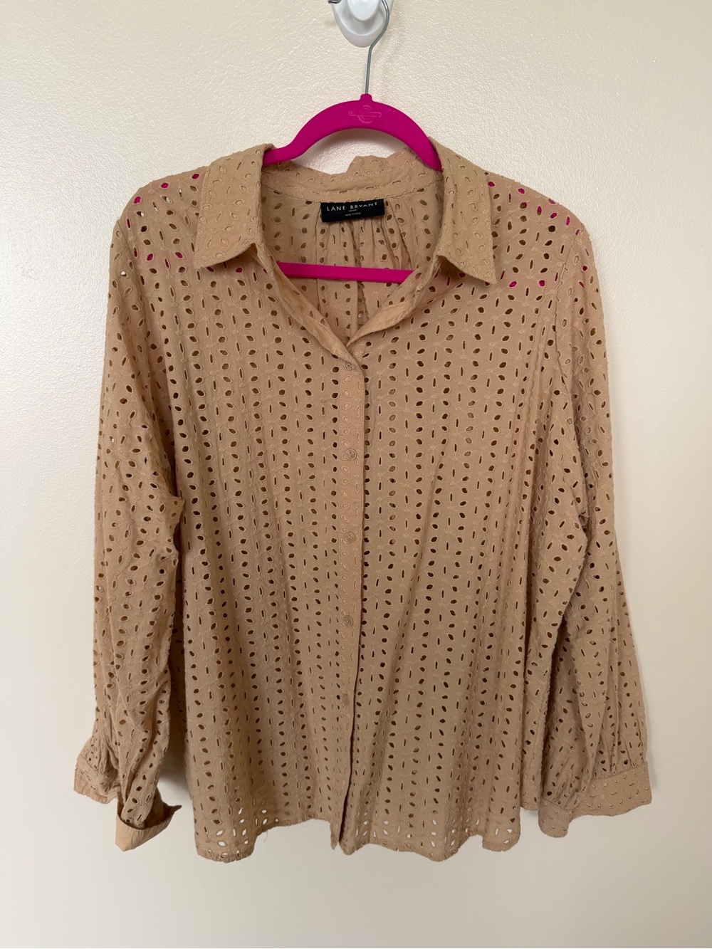 LANE BRYANT Tan Button Front Eyelet Long Sleeve